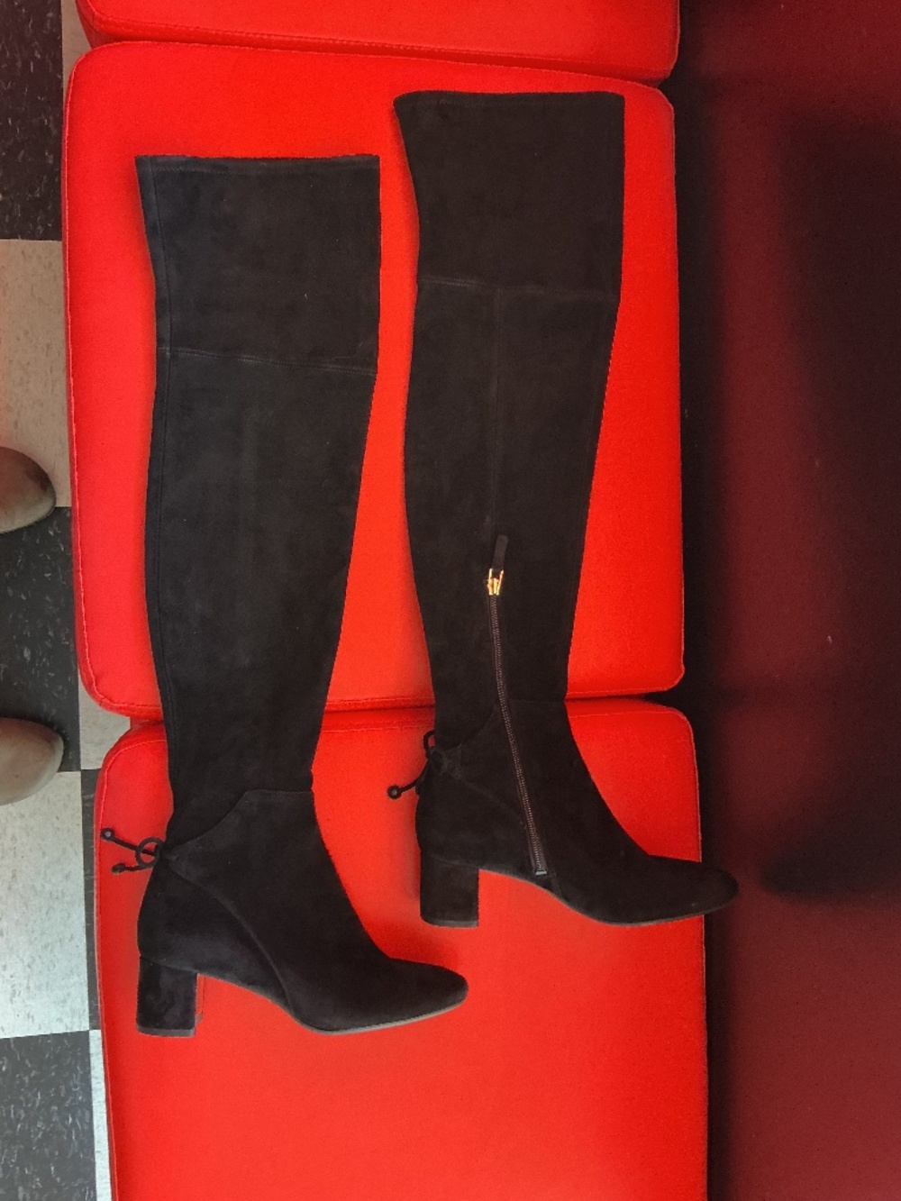 Tory Burch Black Suede Over The Knee Boots Gold Logo 6.5
